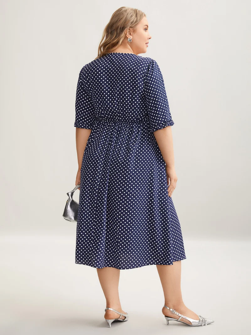 Polka Dot Print Slit Sleeve Pockets Midi Dress