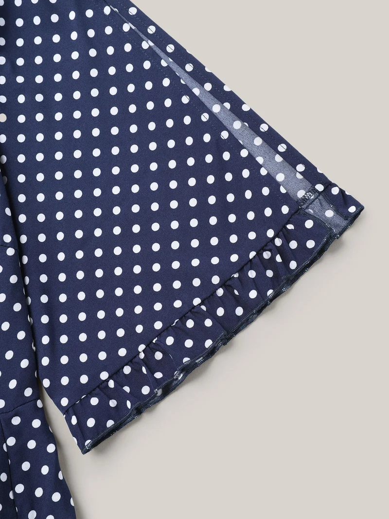 Polka Dot Print Slit Sleeve Pockets Midi Dress