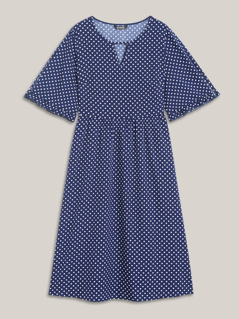 Polka Dot Print Slit Sleeve Pockets Midi Dress