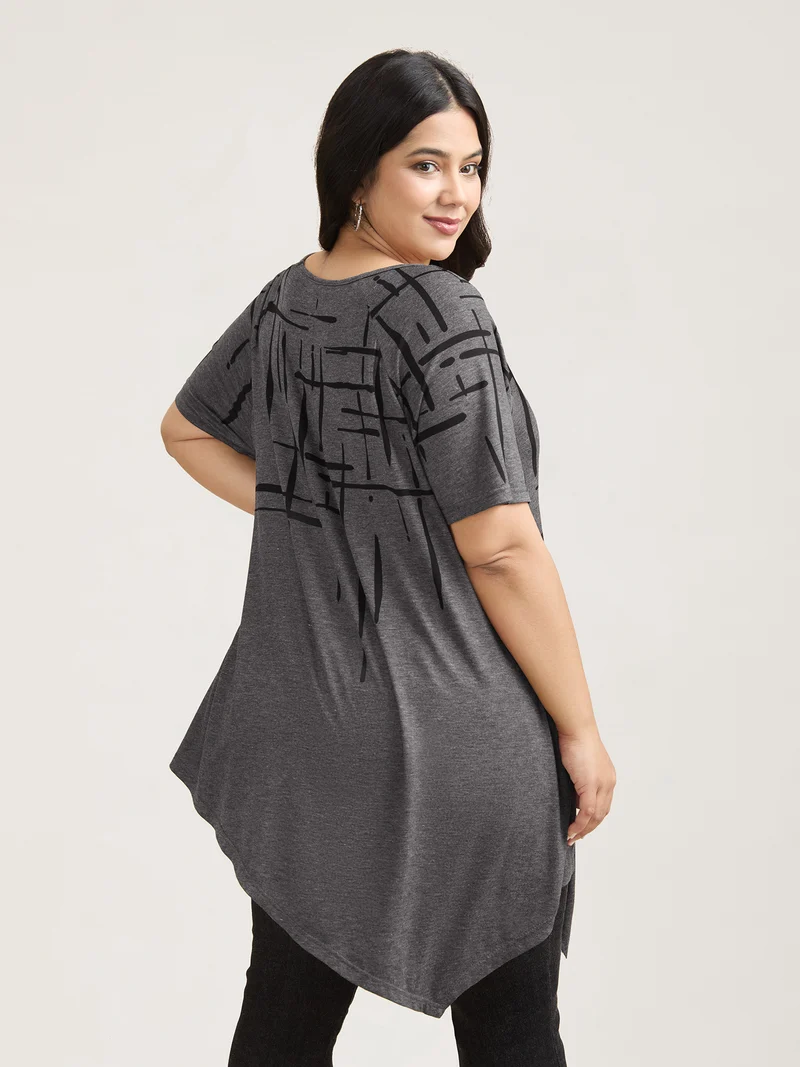 Geometric Print V-Neck Hi-Low Hem T-Shirt