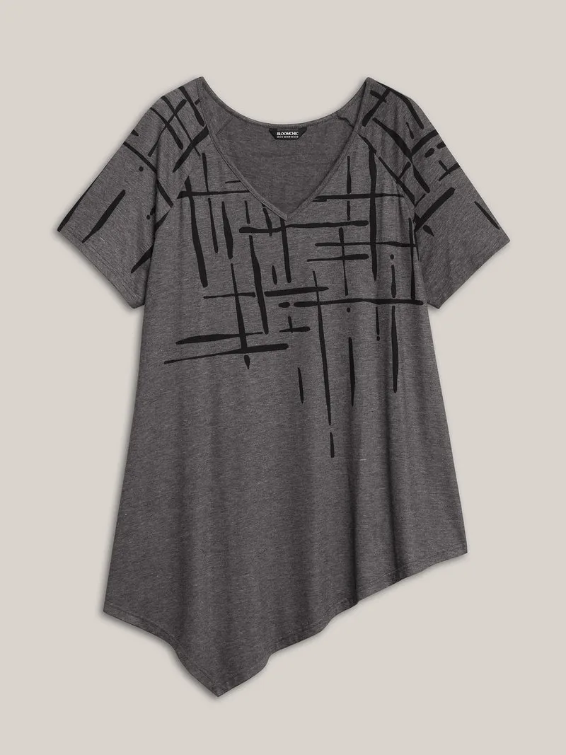 Geometric Print V-Neck Hi-Low Hem T-Shirt