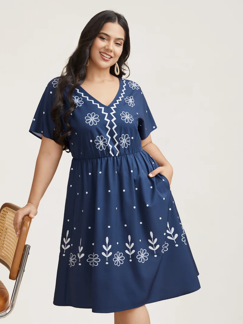 Floral Print V-Neck Pockets Midi Dress