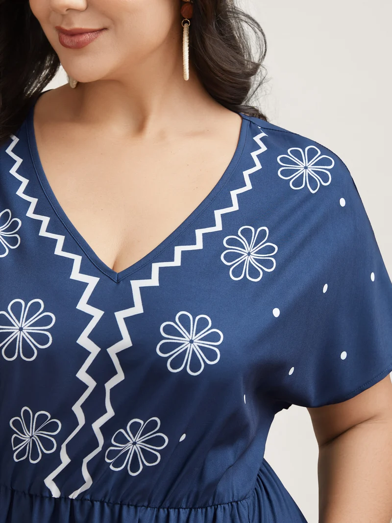 Floral Print V-Neck Pockets Midi Dress