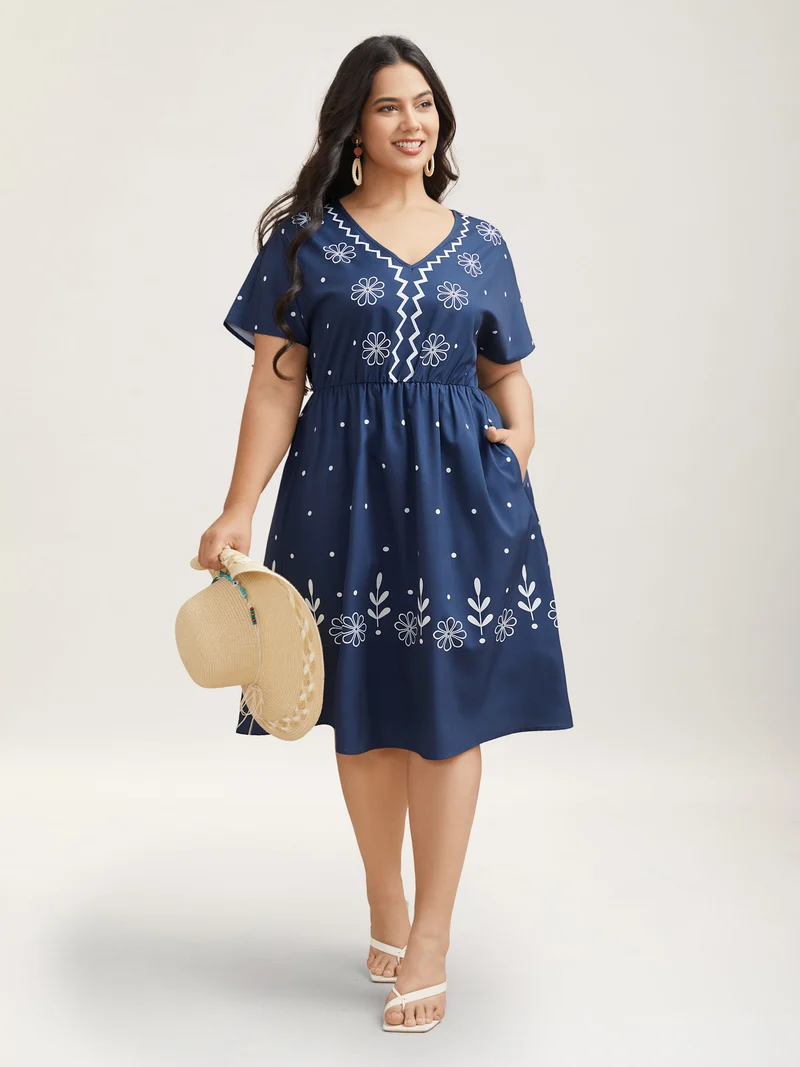 Floral Print V-Neck Pockets Midi Dress