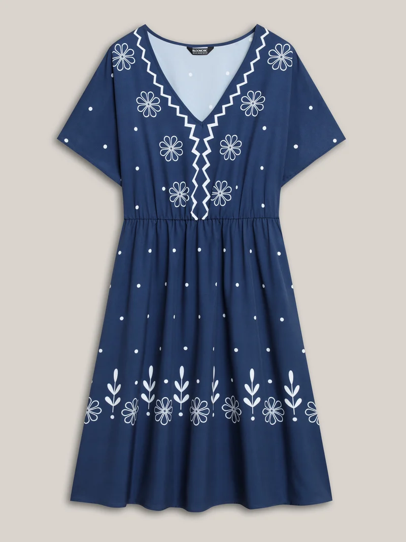 Floral Print V-Neck Pockets Midi Dress