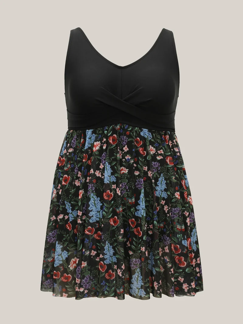Floral Pattern Split Adjustable Swim Dress