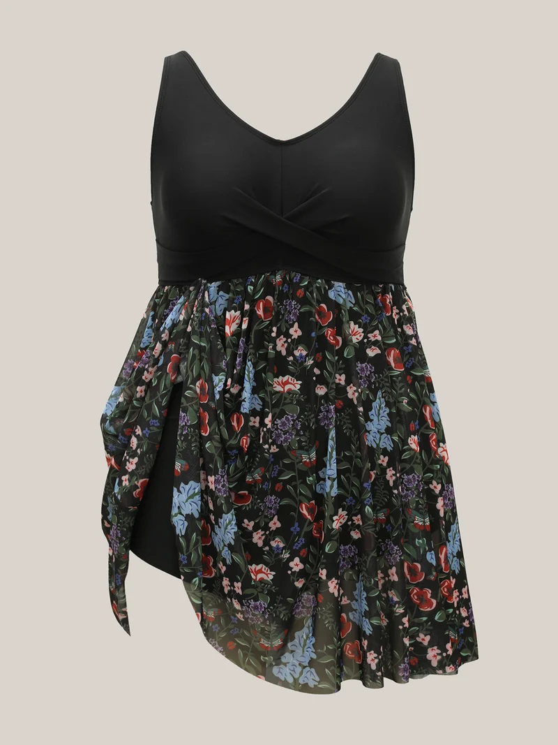 Floral Pattern Split Adjustable Swim Dress