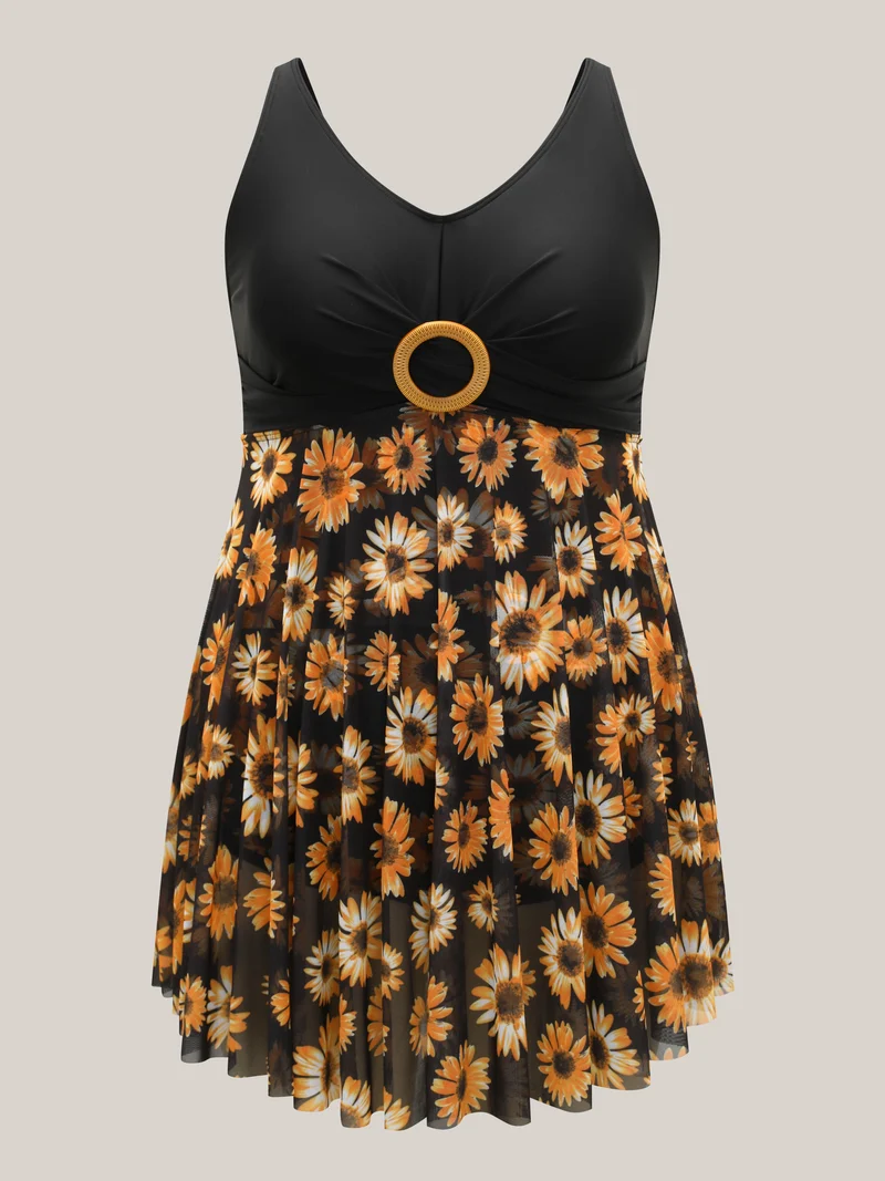 Sunflower Pattern Mesh Contrast Swim Dress