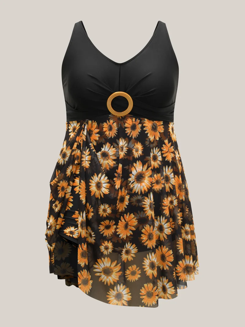 Sunflower Pattern Mesh Contrast Swim Dress