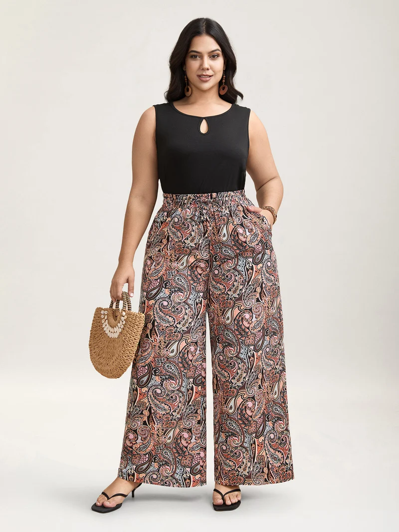 Paisley Print Drawstring Wide-Leg Pants