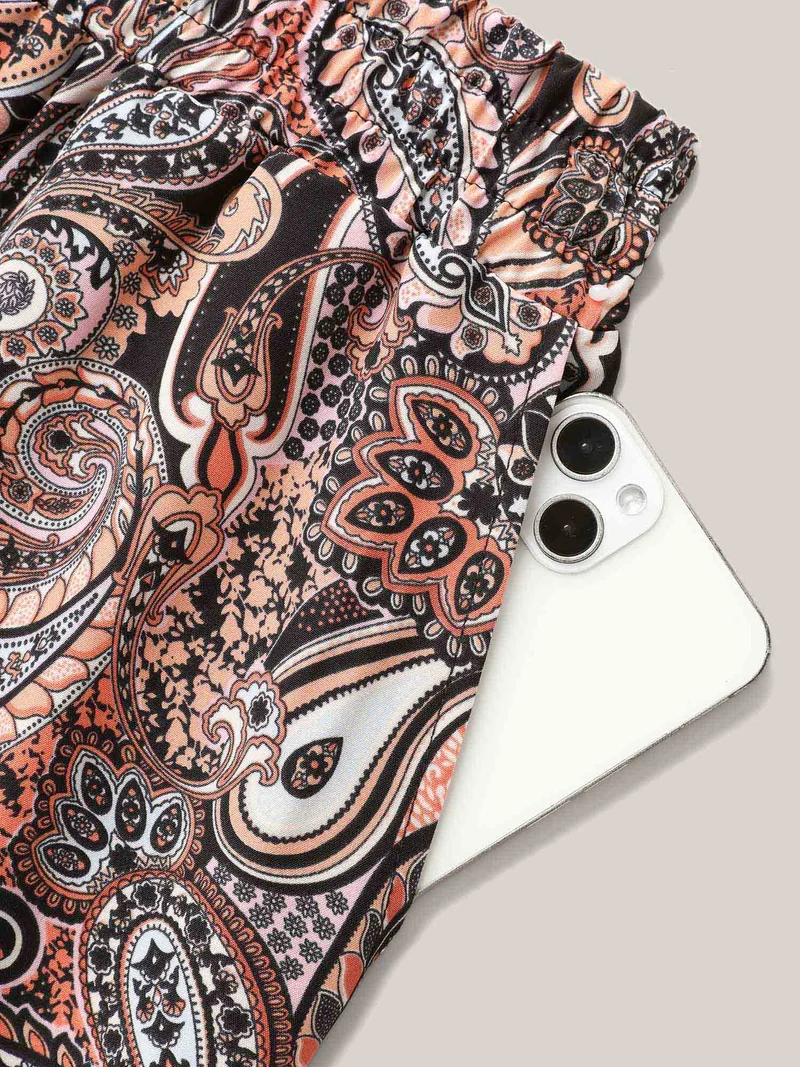 Paisley Print Drawstring Wide-Leg Pants