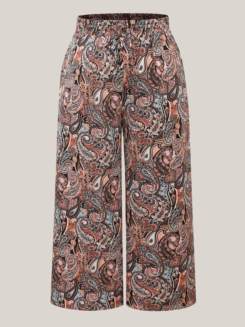 Paisley Print Drawstring Wide-Leg Pants