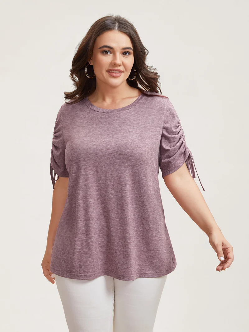 Stretchy Heather Fabric Drawstring Sleeve T-Shirt