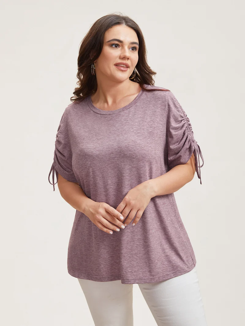Stretchy Heather Fabric Drawstring Sleeve T-Shirt