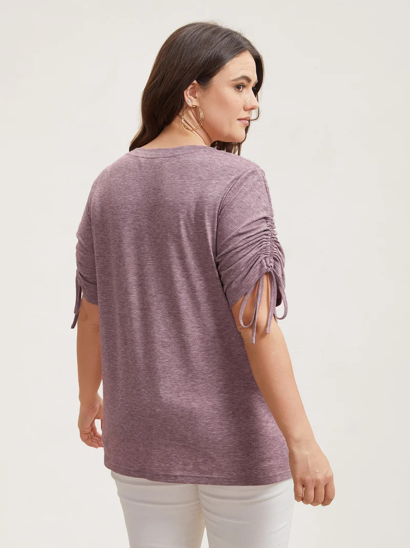 Stretchy Heather Fabric Drawstring Sleeve T-Shirt