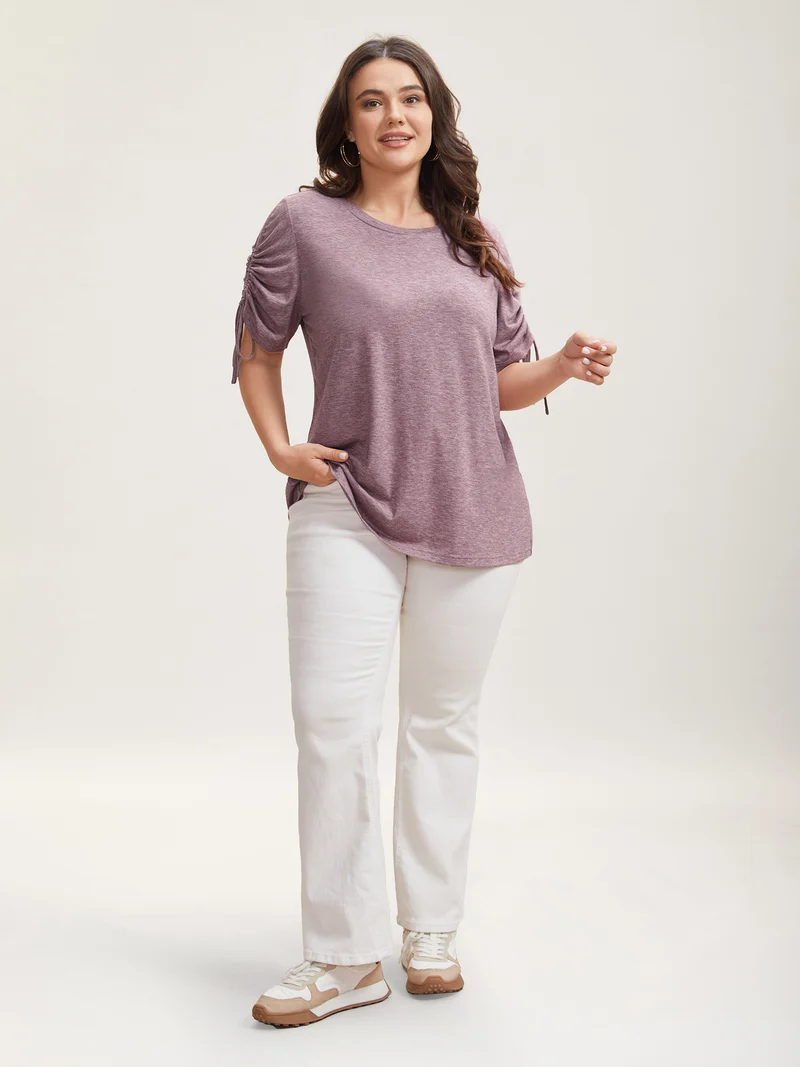 Stretchy Heather Fabric Drawstring Sleeve T-Shirt