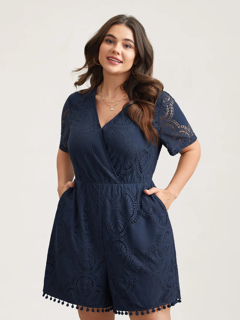 Lace Sleeve Stretchy Waist Pockets Romper