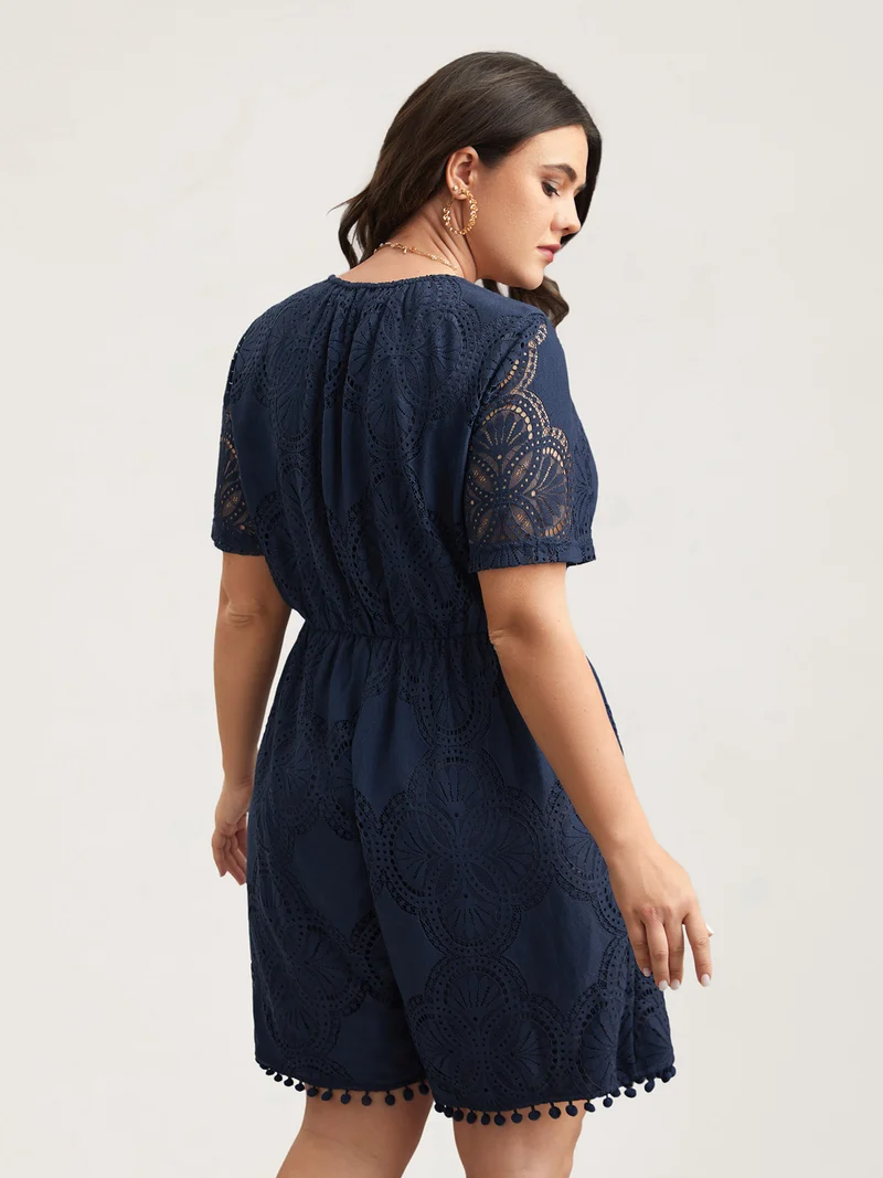 Lace Sleeve Stretchy Waist Pockets Romper