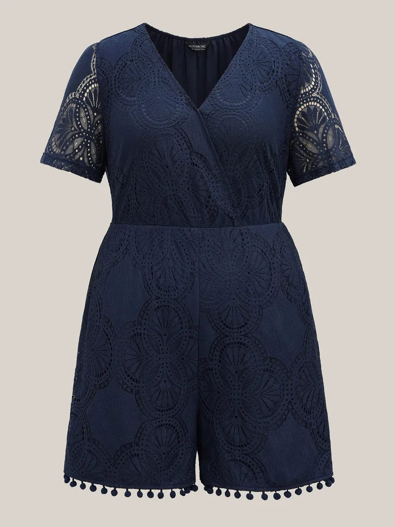 Lace Sleeve Stretchy Waist Pockets Romper