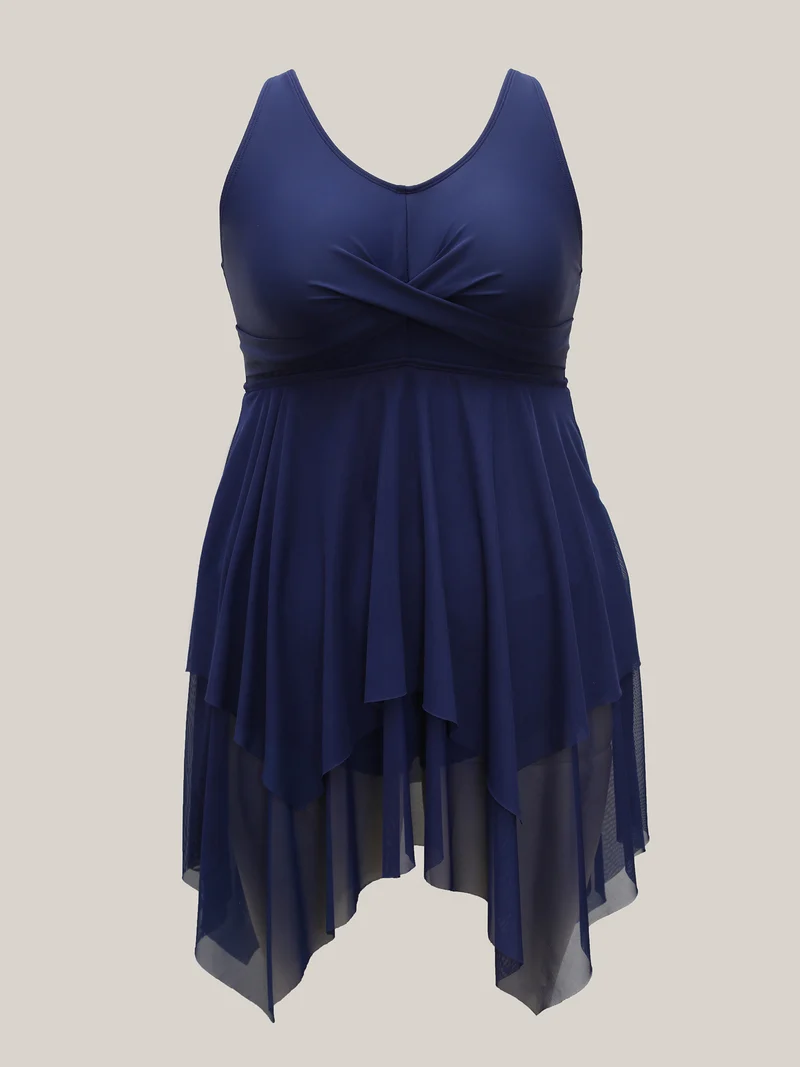 Twist Front Hi-Low Hem Sheer Layered Swim Dress