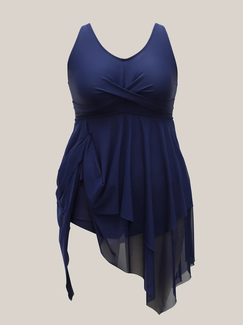 Twist Front Hi-Low Hem Sheer Layered Swim Dress