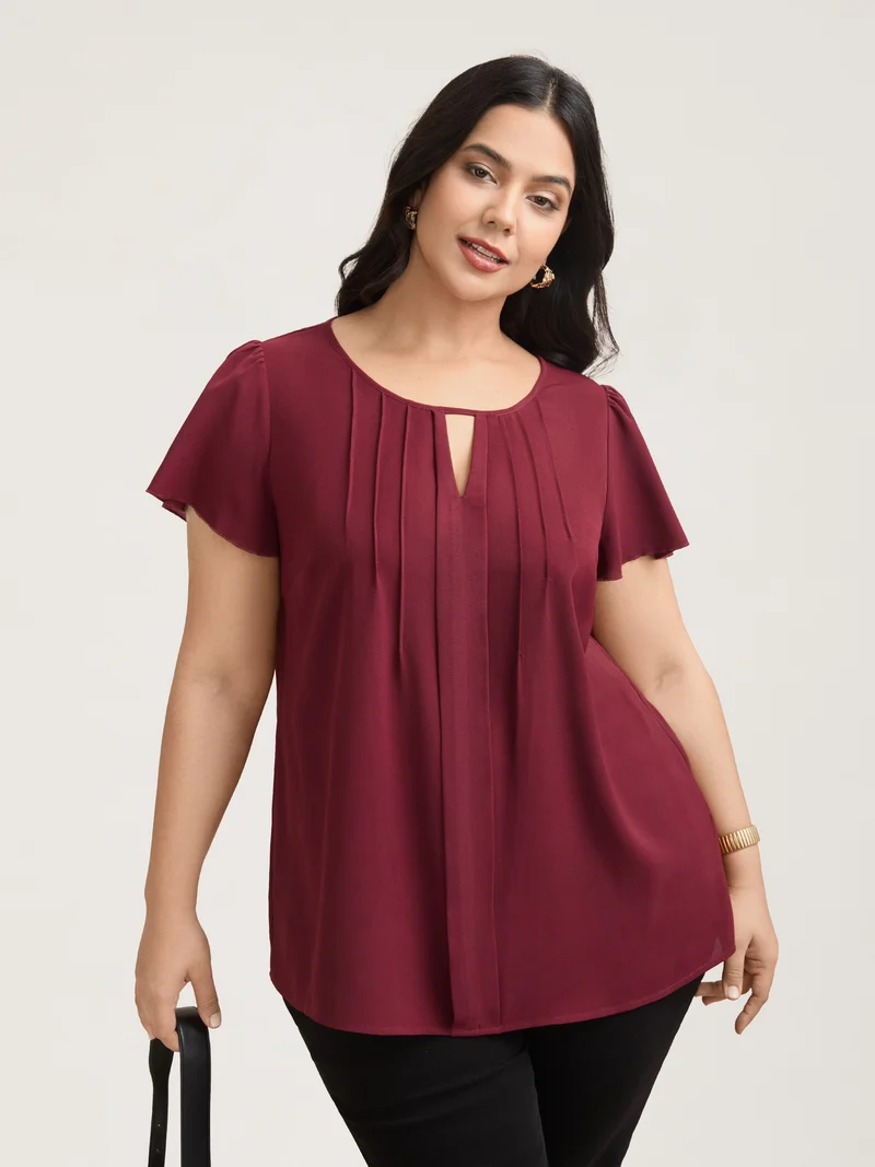 Plain Neck Cut-Out Pintuck Shirt