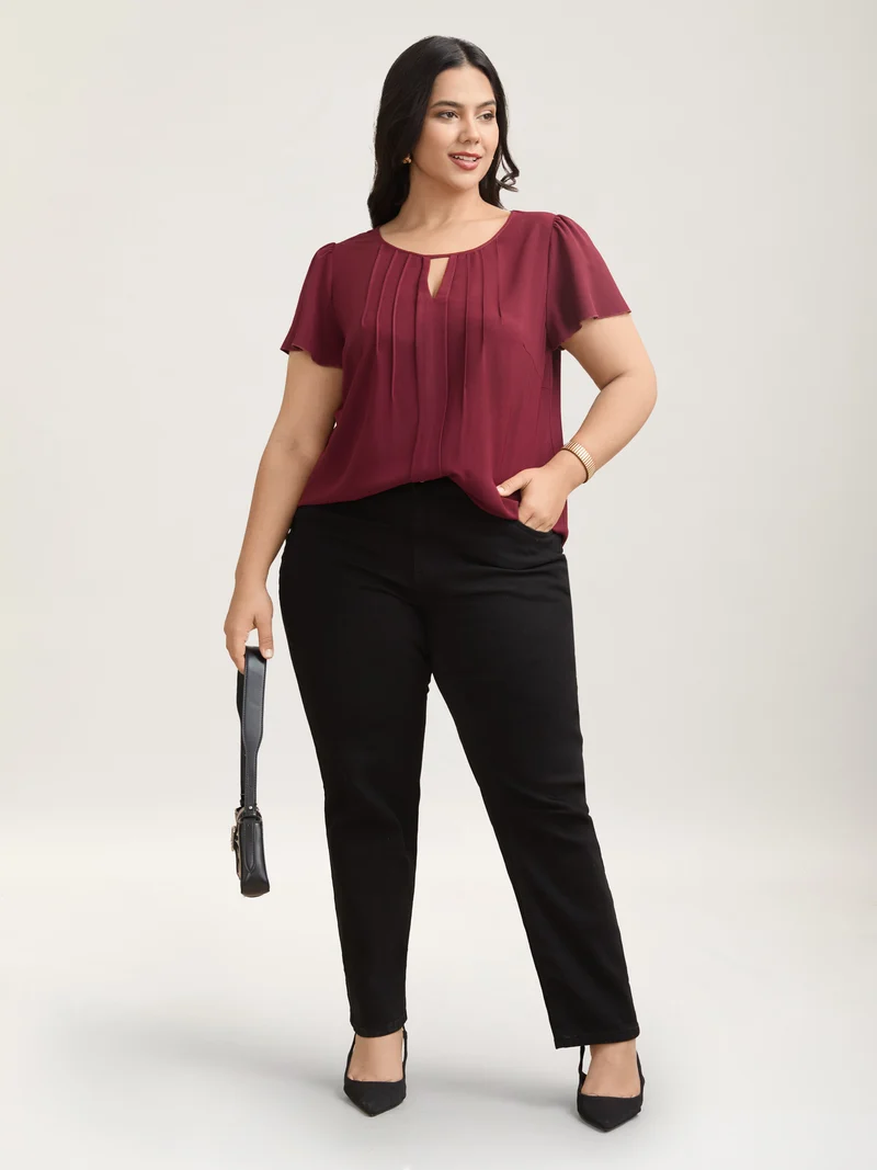 Plain Neck Cut-Out Pintuck Shirt