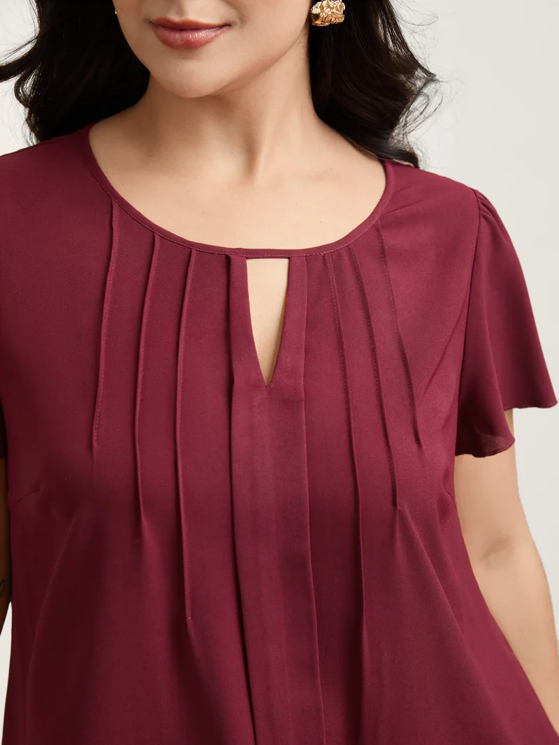Plain Neck Cut-Out Pintuck Shirt