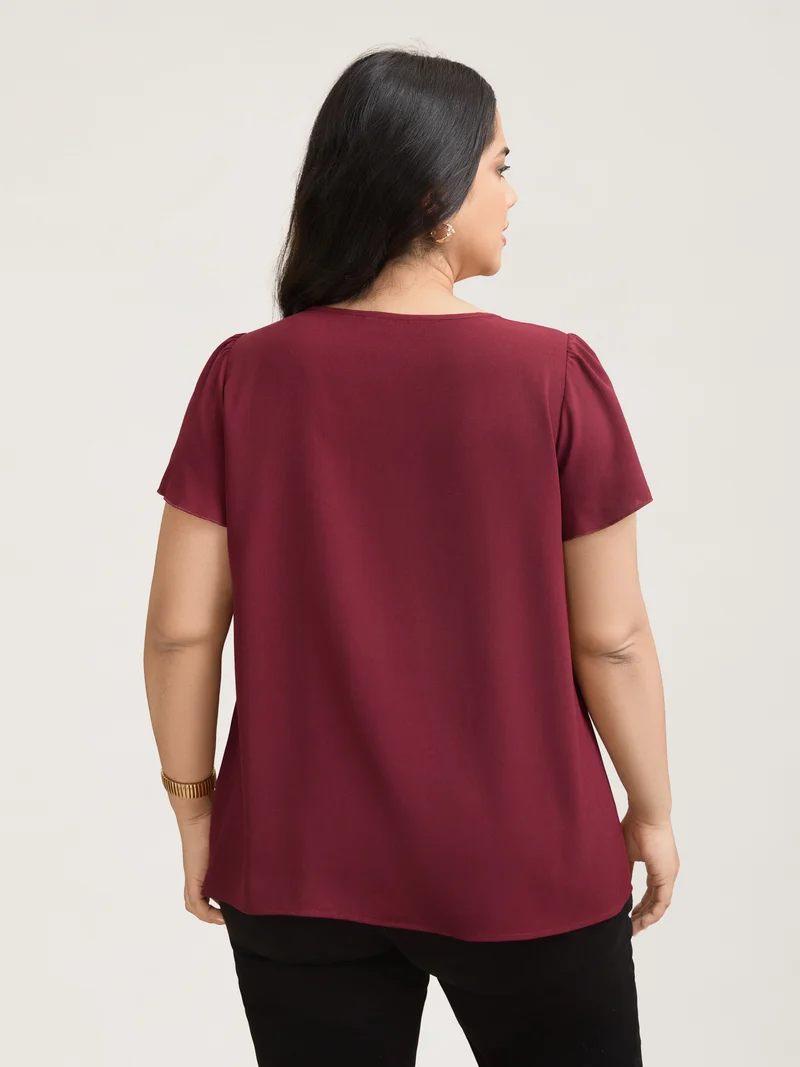 Plain Neck Cut-Out Pintuck Shirt