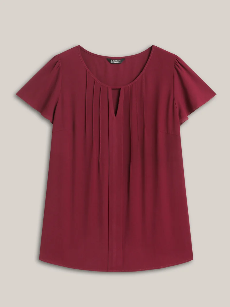 Plain Neck Cut-Out Pintuck Shirt