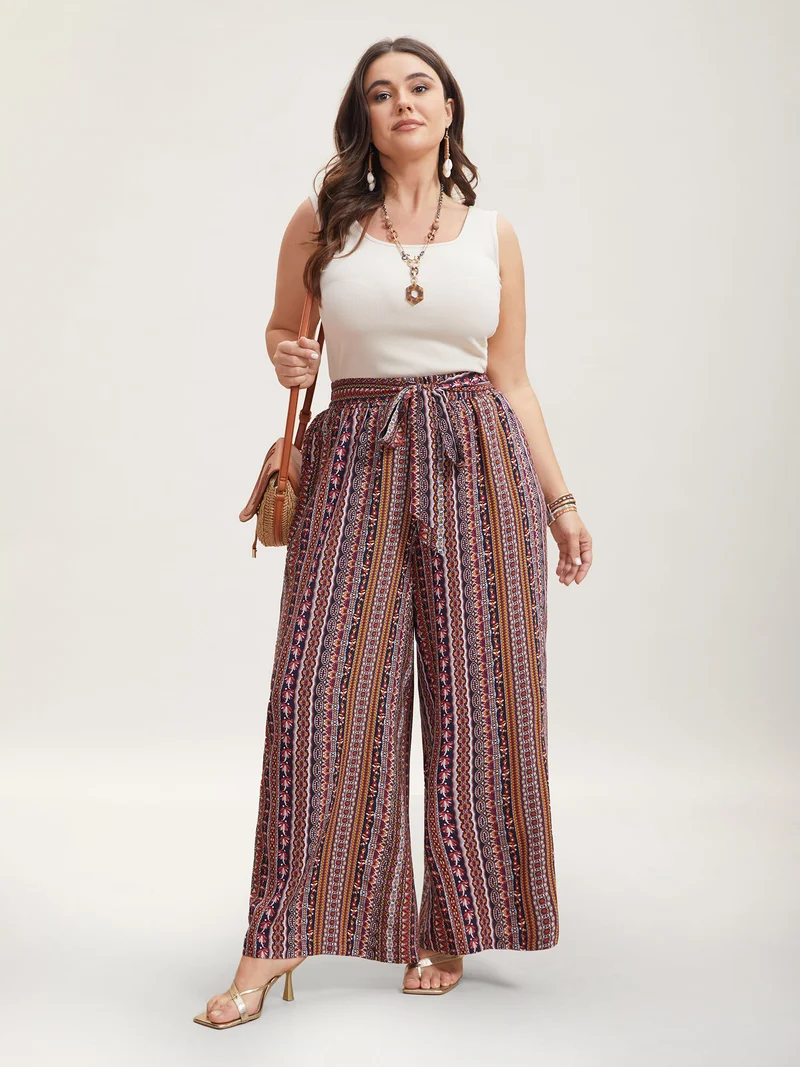 Boho Print Belted Flared Pants