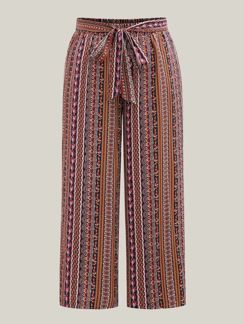 Boho Print Belted Flared Pants