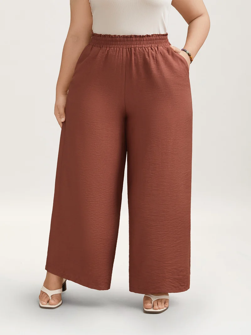 Smocked Stretchy Waist Ruffled Wide Leg Pants