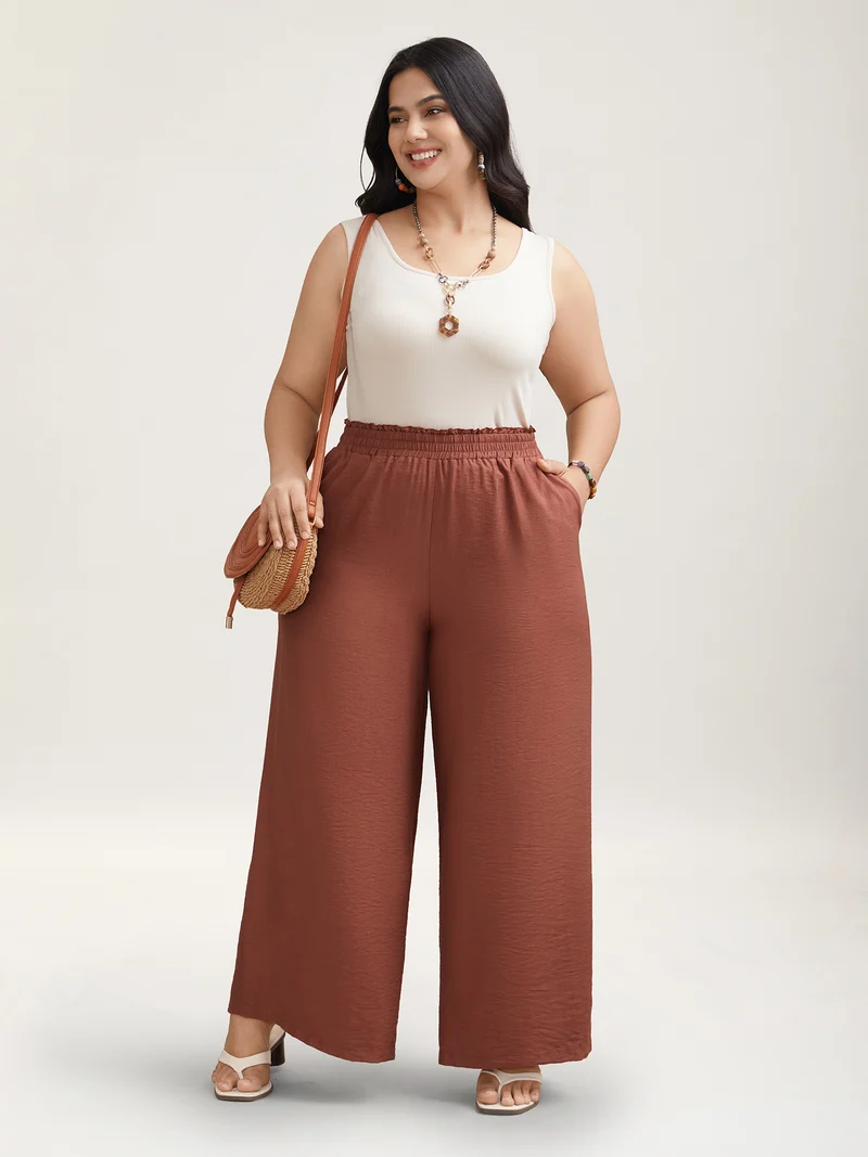 Smocked Stretchy Waist Ruffled Wide Leg Pants