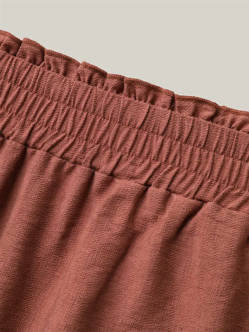 Smocked Stretchy Waist Ruffled Wide Leg Pants