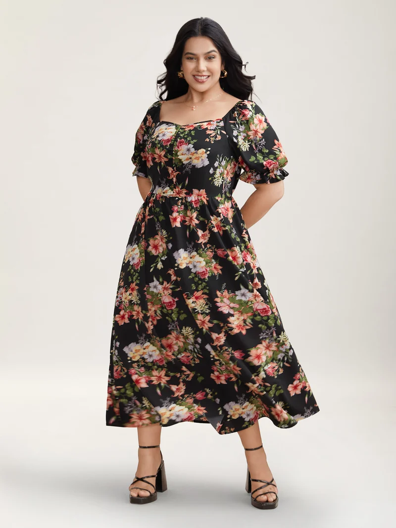 Sweetheart Neckline Drawstring Floral Midi Dress