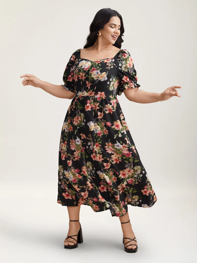 Sweetheart Neckline Drawstring Floral Midi Dress