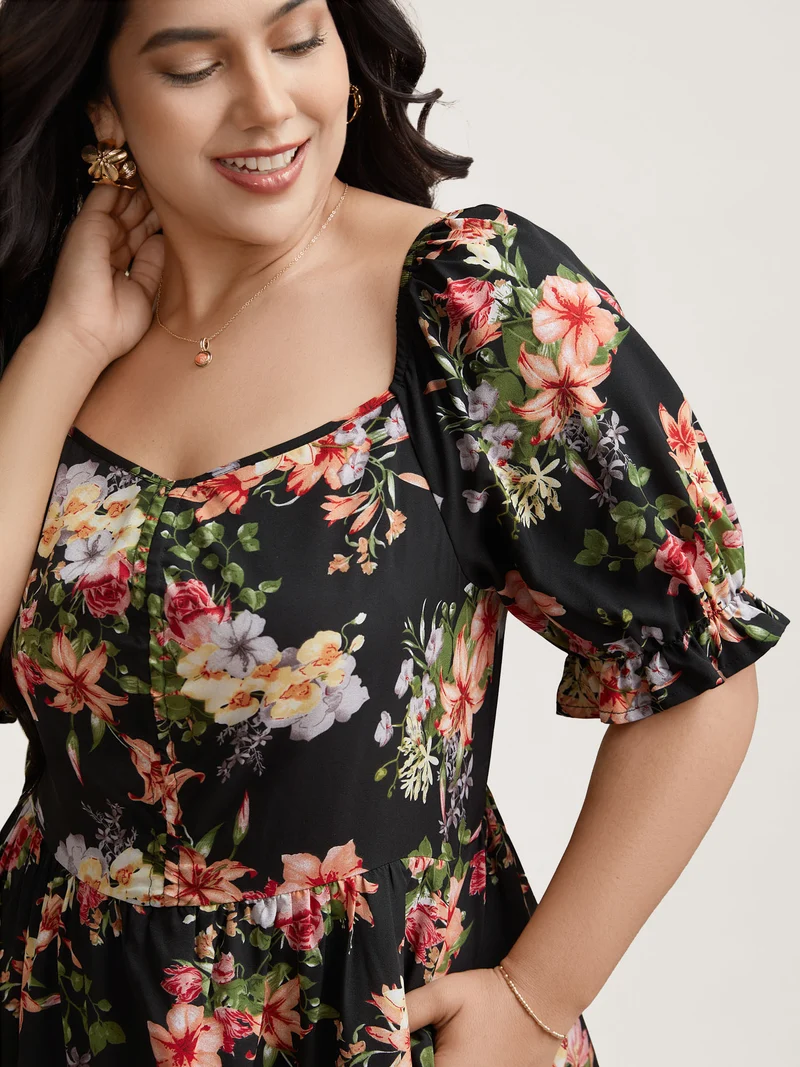 Sweetheart Neckline Drawstring Floral Midi Dress