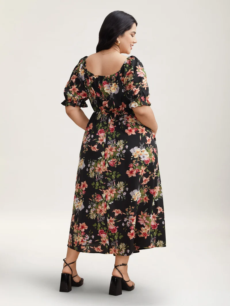 Sweetheart Neckline Drawstring Floral Midi Dress