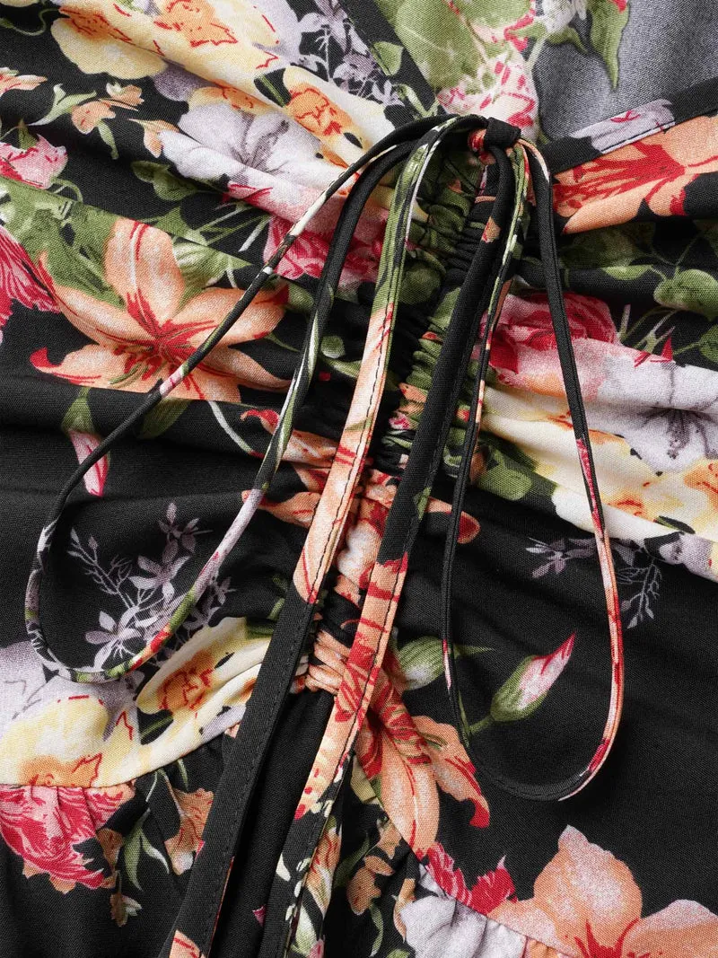 Sweetheart Neckline Drawstring Floral Midi Dress
