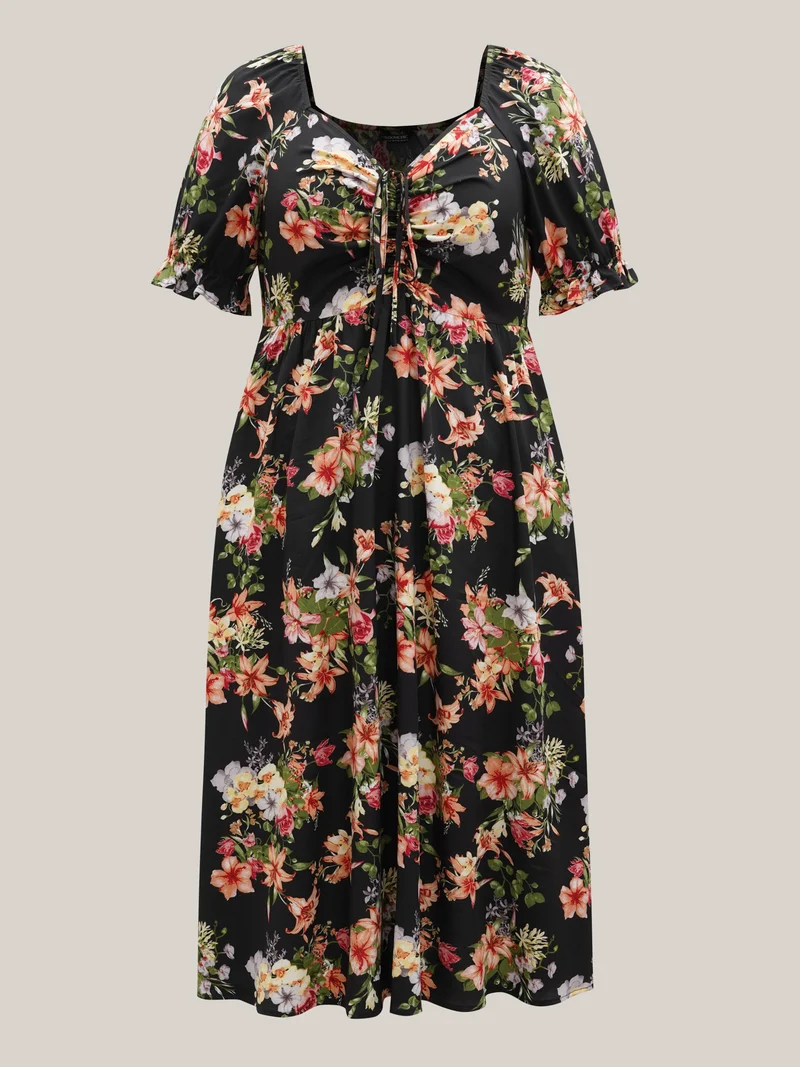 Sweetheart Neckline Drawstring Floral Midi Dress