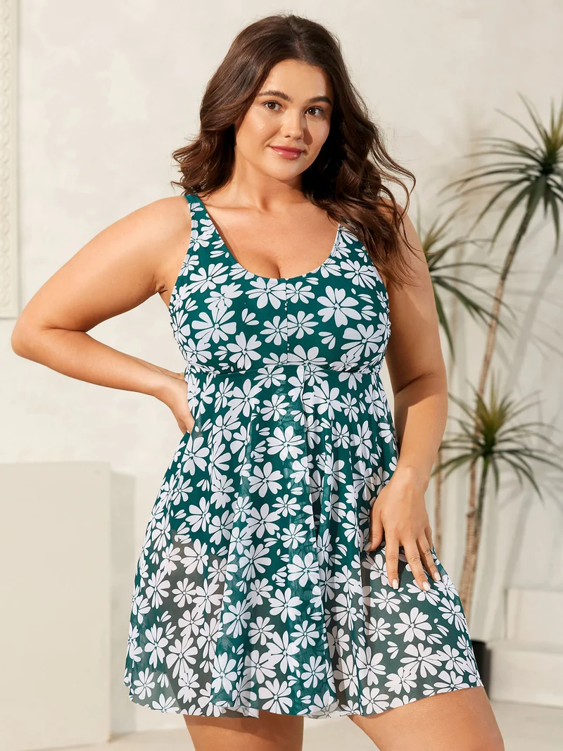 Daisy Print Mesh Waist-Defining Swim Dress