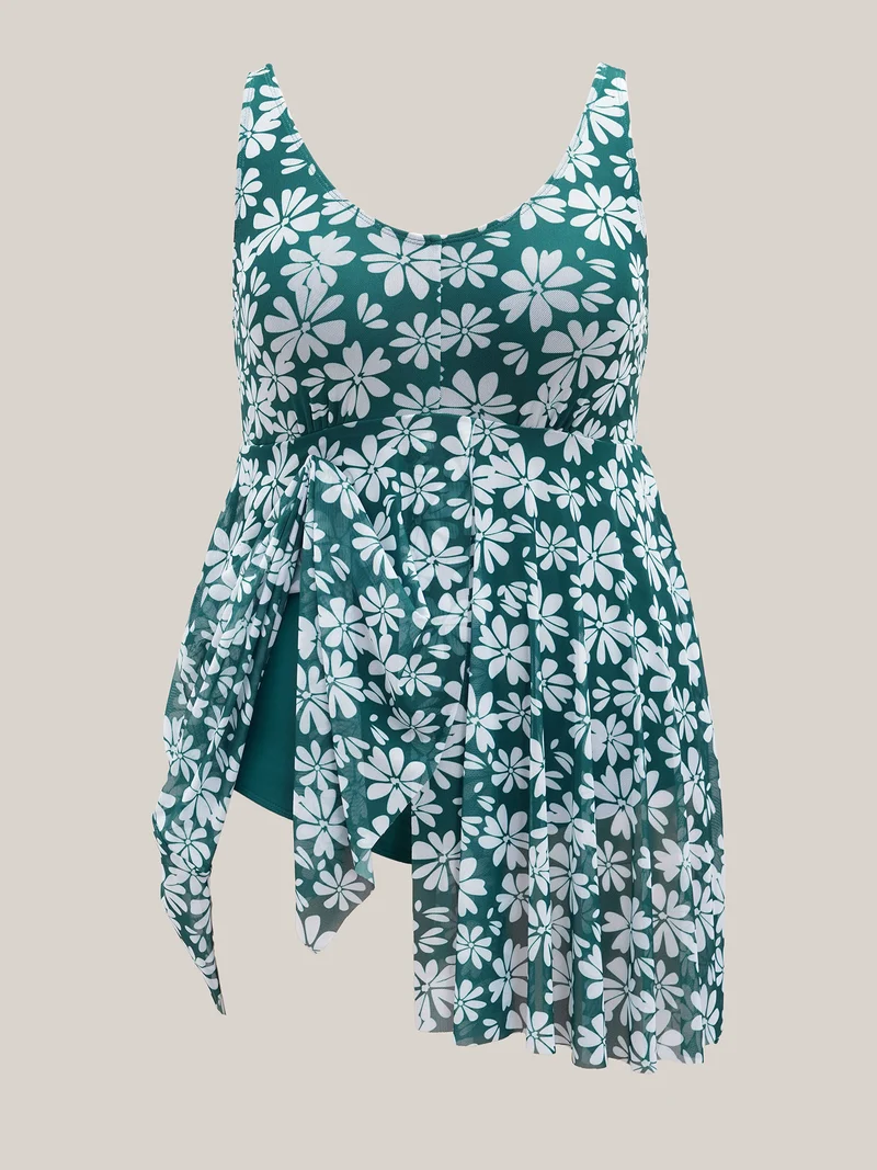 Daisy Print Mesh Waist-Defining Swim Dress