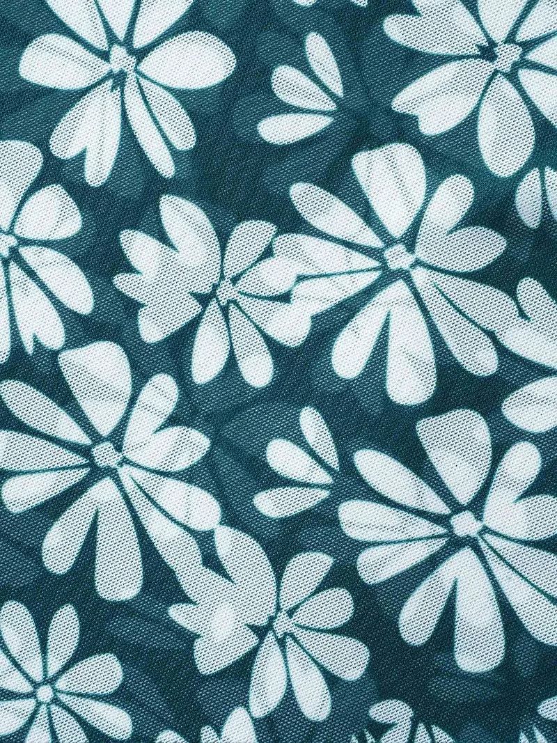 Daisy Print Mesh Waist-Defining Swim Dress