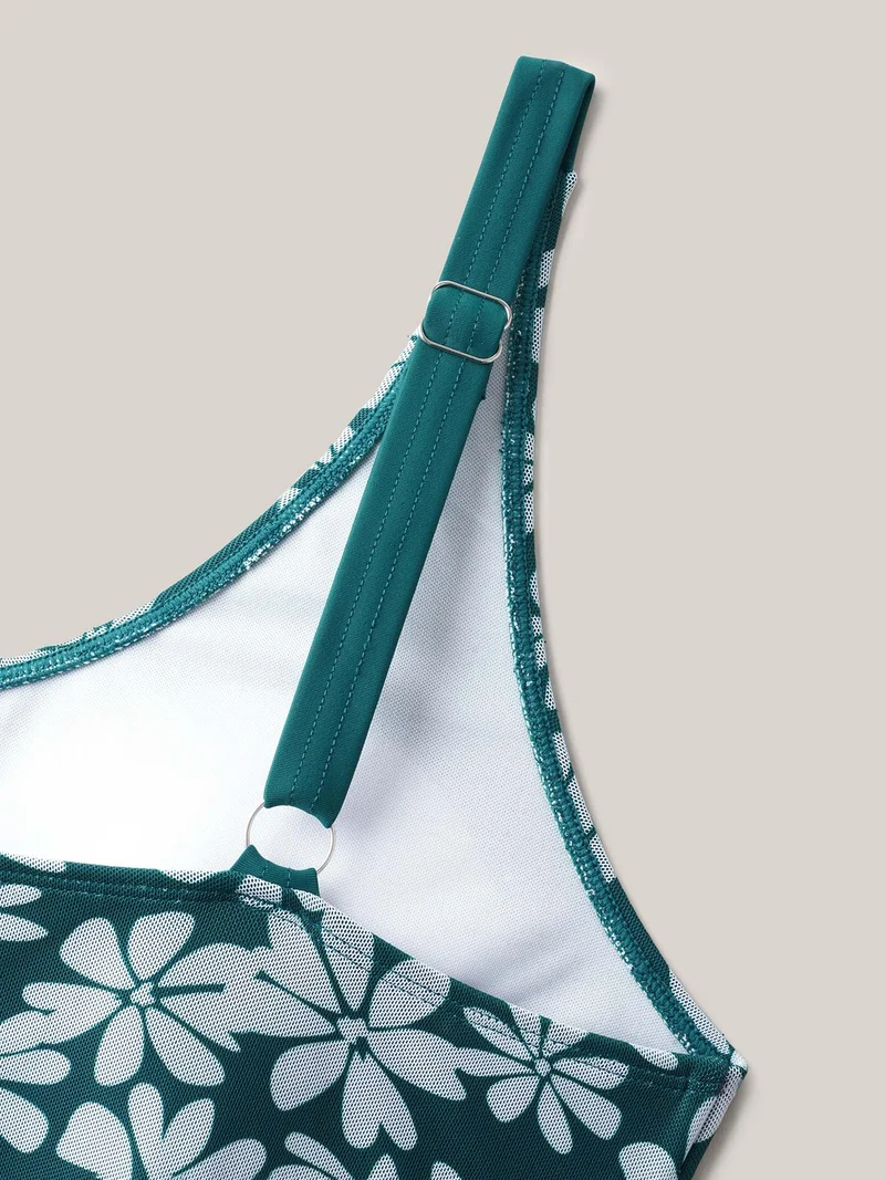 Daisy Print Mesh Waist-Defining Swim Dress