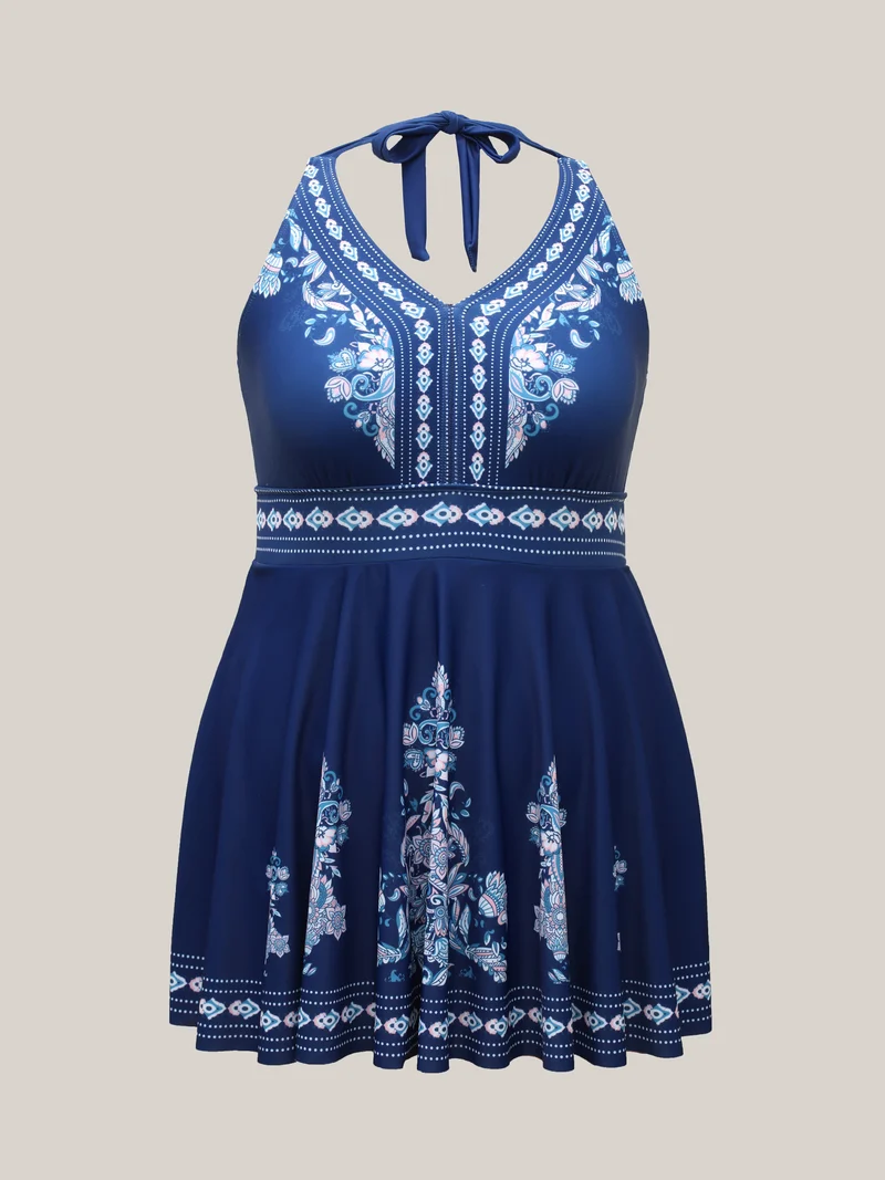 Boho Print Halter Neck Swim Dress
