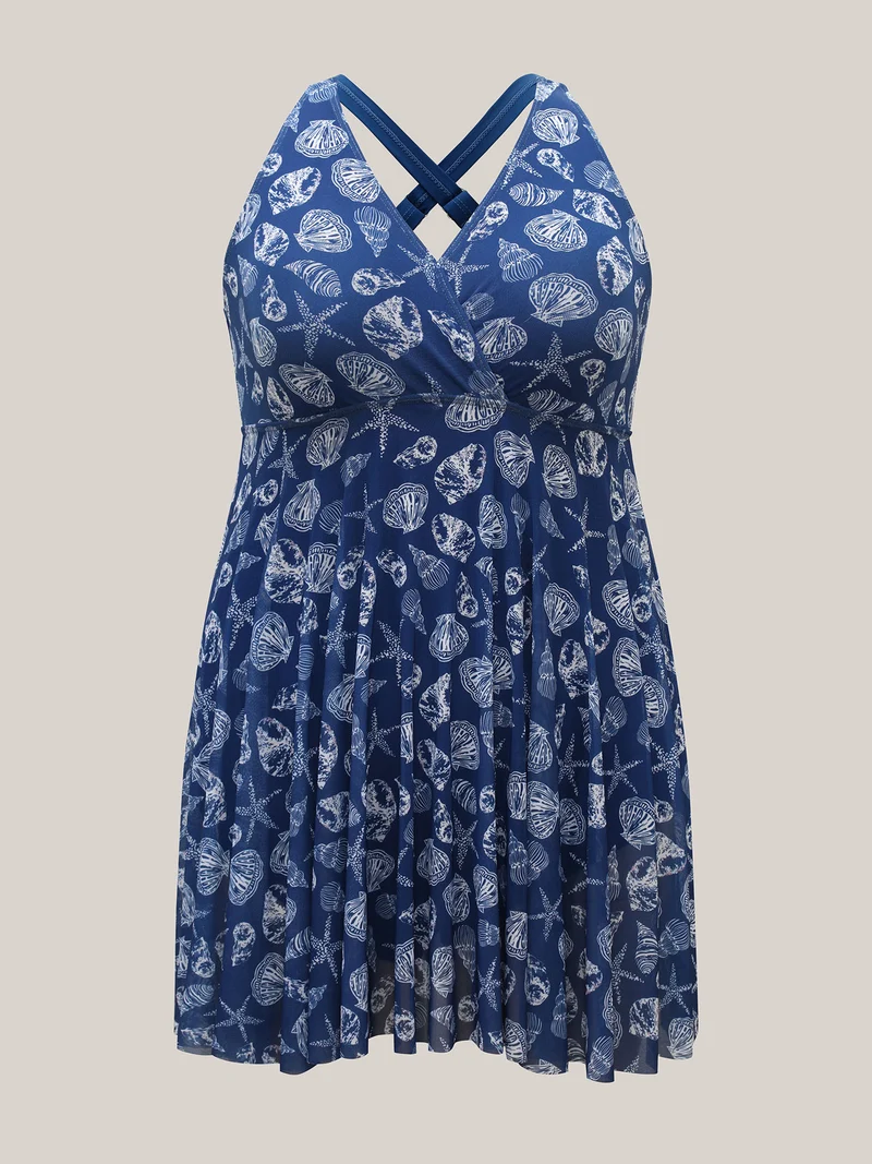 Shell Print Mesh Adjustable Cross-Straps Swim Dress