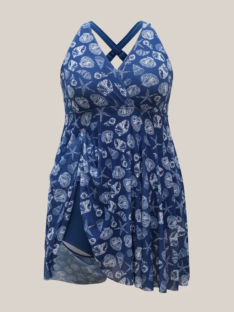 Shell Print Mesh Adjustable Cross-Straps Swim Dress