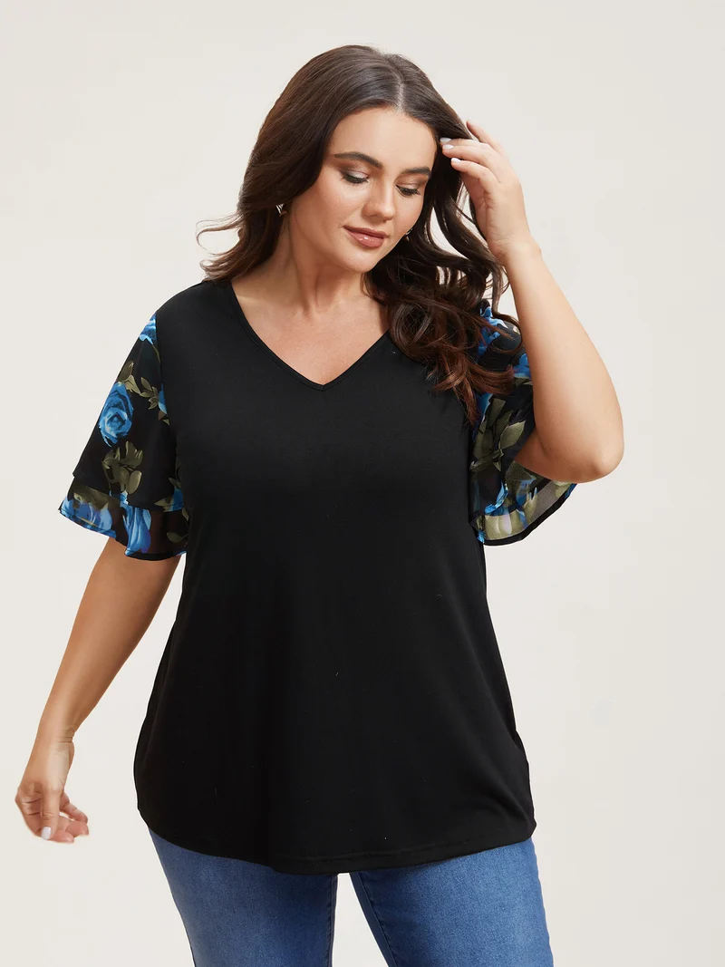 Stretchy Floral Lotus Sleeve V-Neck T-Shirt