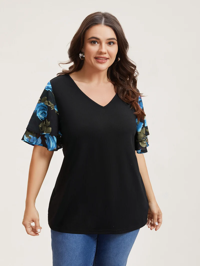 Stretchy Floral Lotus Sleeve V-Neck T-Shirt